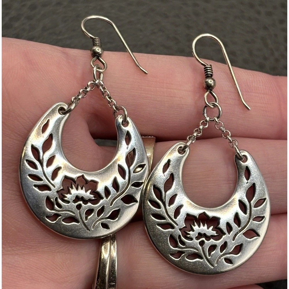 Unique Boho Cutout Floral Crescent Dangle Earrings Silver Tone